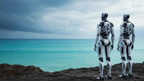 two futuristic robots standing by the seashore, gazing into the horizon at an expansive ocean under a cloudy sky, evoking questions of existence and technology