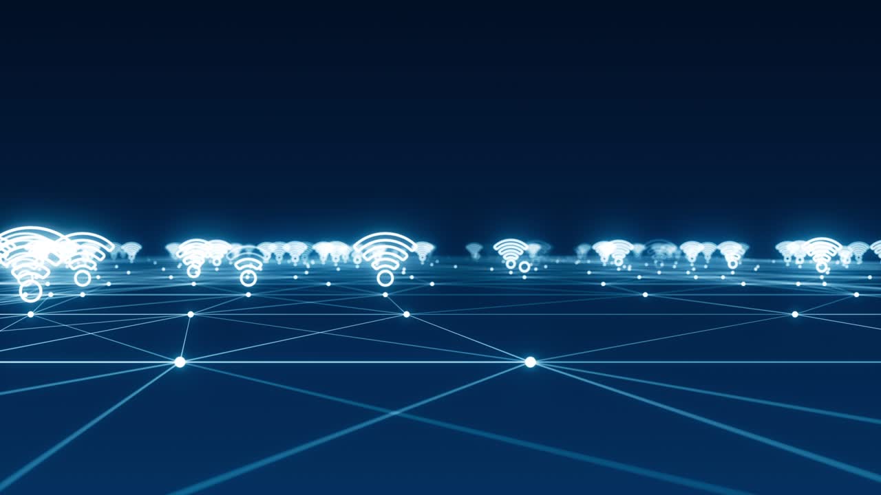 Motion graphic of Blue futuristic WIFI icon and line linked network connection abstract background concept seamless loop video