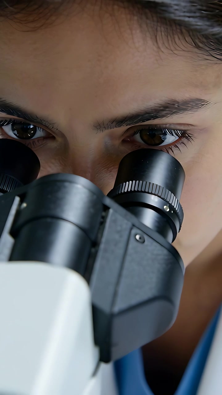 Vertical video: Peering tech aligning eyes to eyepieces at bench, examining specimen in blue scrubs