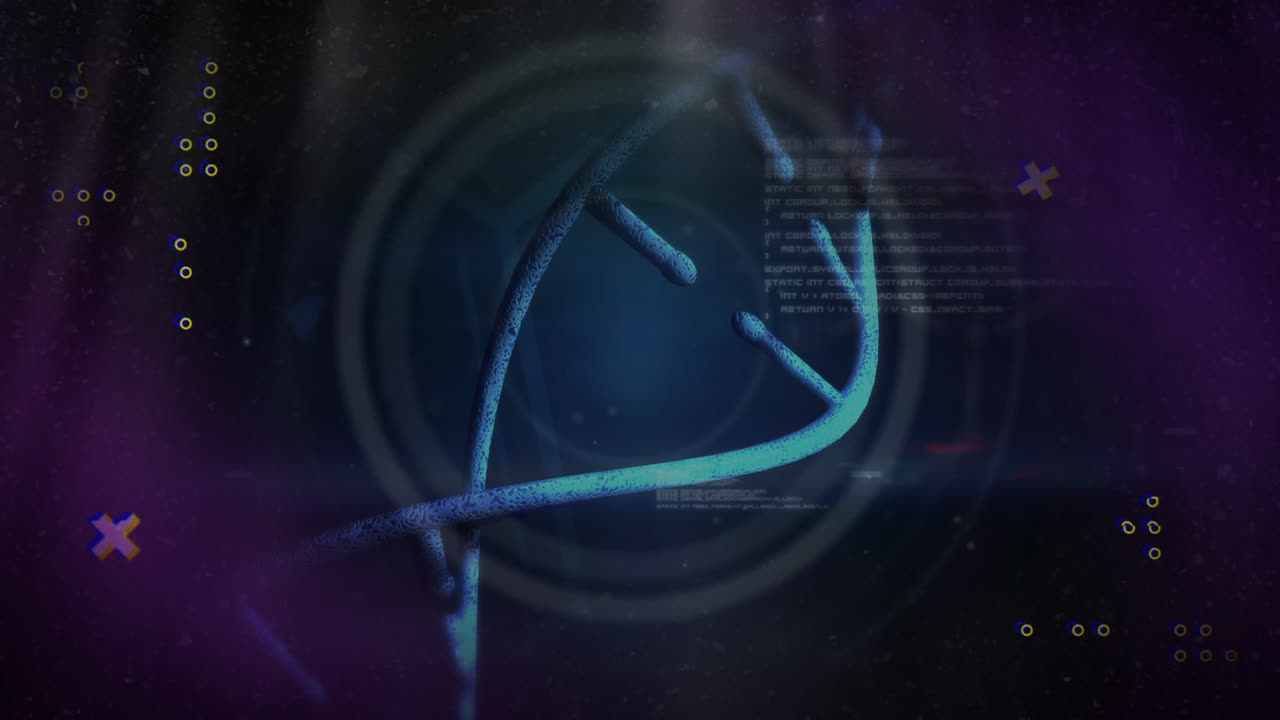 animación de la cadena de adn y procesamiento de datos sobre un fondo negro