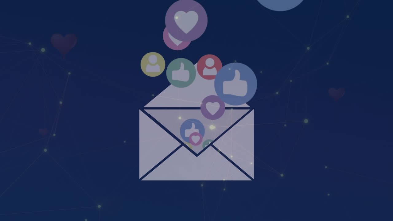 Animazione di e-mail e icone di social media fluttuanti su sfondo blu scuro