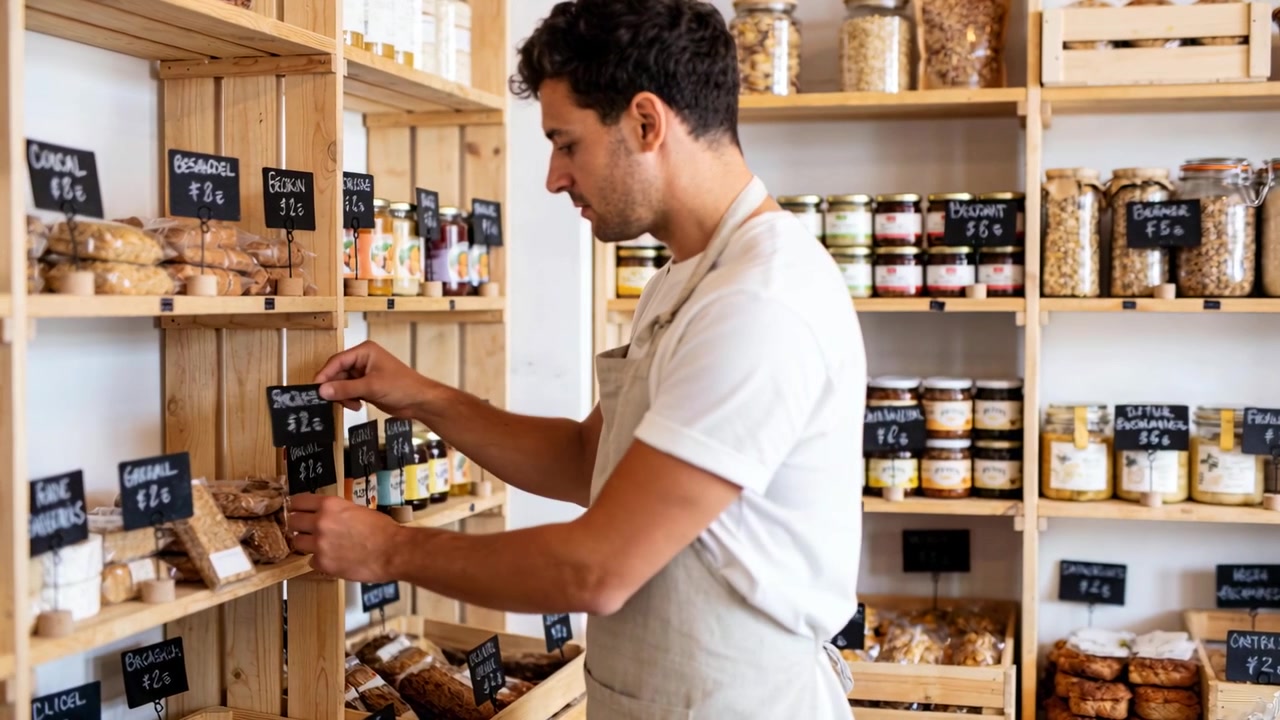 Commessa in grembiule che si allunga per leggere un'etichetta, sistema articoli su scaffali di legno in un negozio di prodotti sfusi, riordinando le etichette.