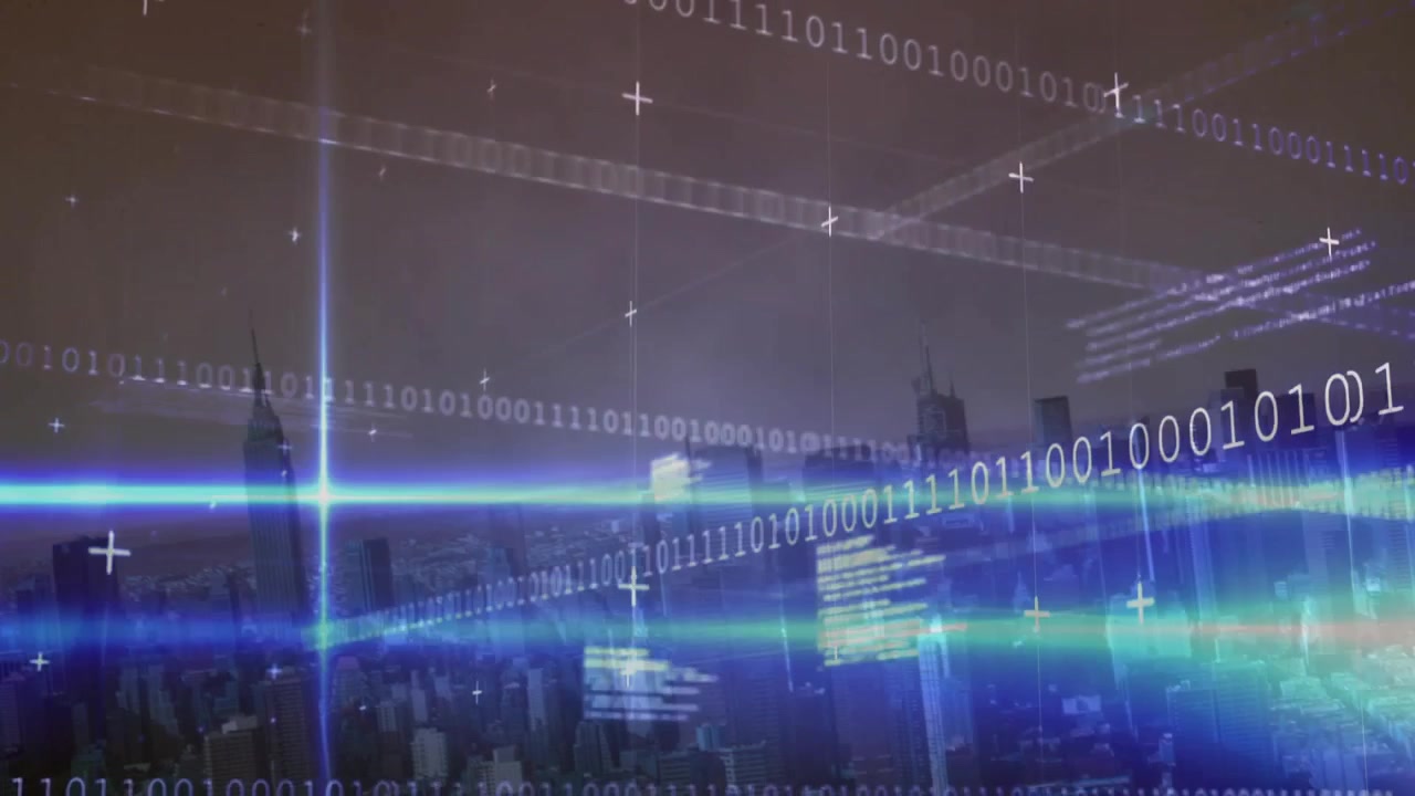 Starting pulsing beam overlaying skyline with streaming ribbons and merging data blocks into flow