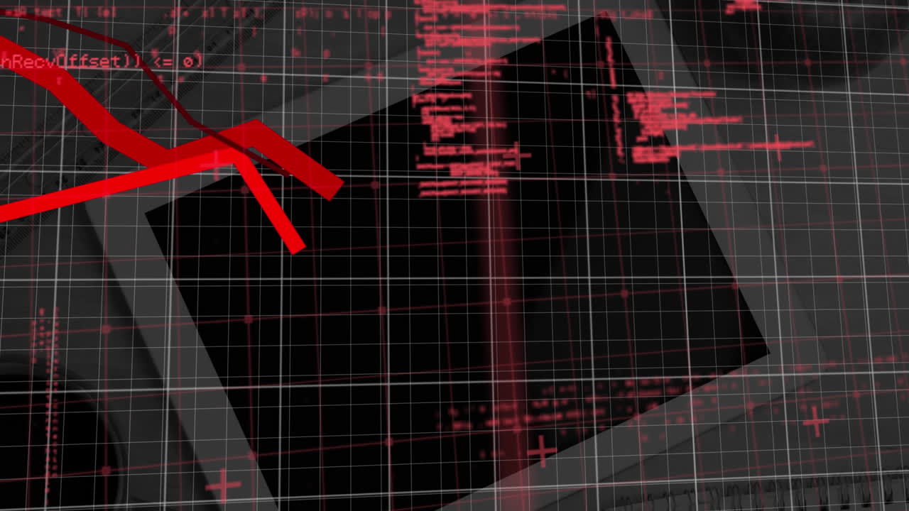 gráficos rojos y procesamiento de datos a través de una red de rejilla contra una tableta digital en una mesa de madera