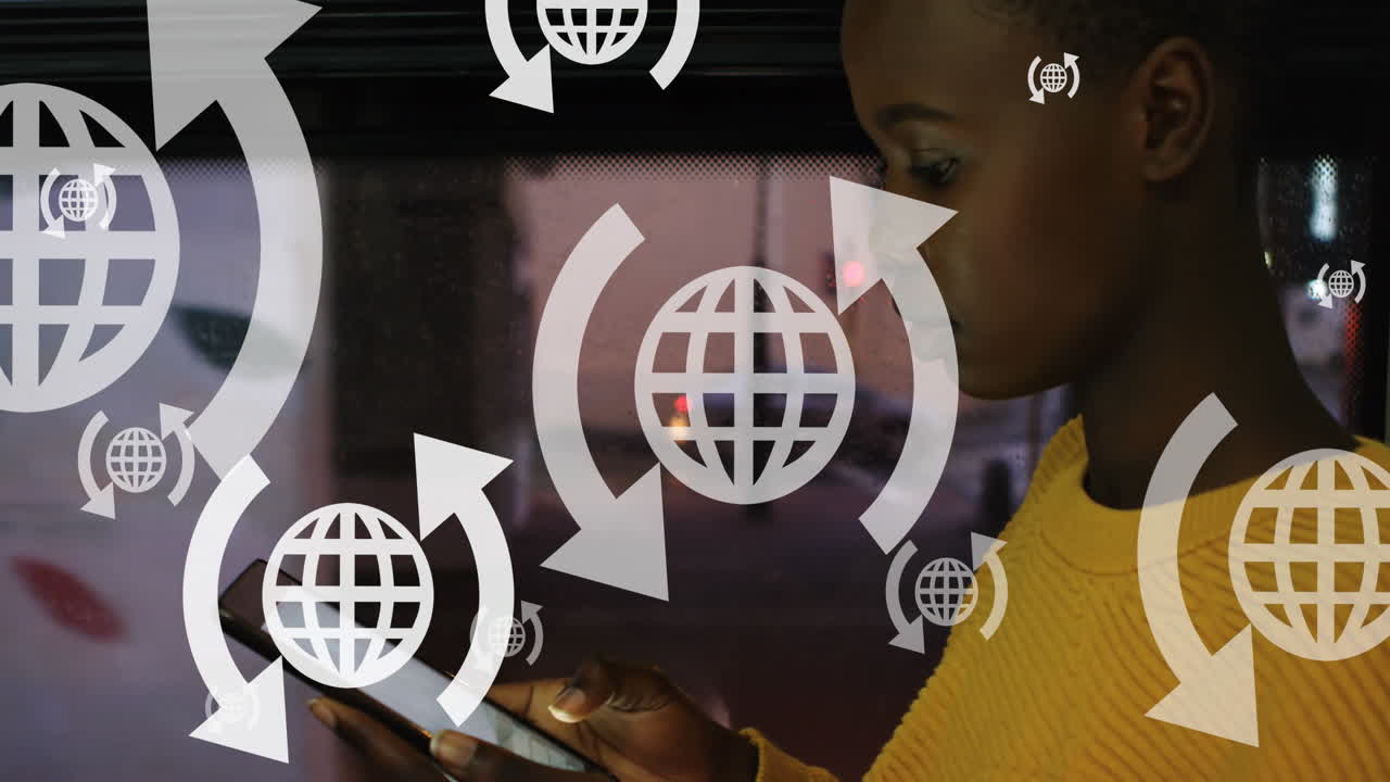 Animation of arrows around globes over african american girl using digital tablet in bus