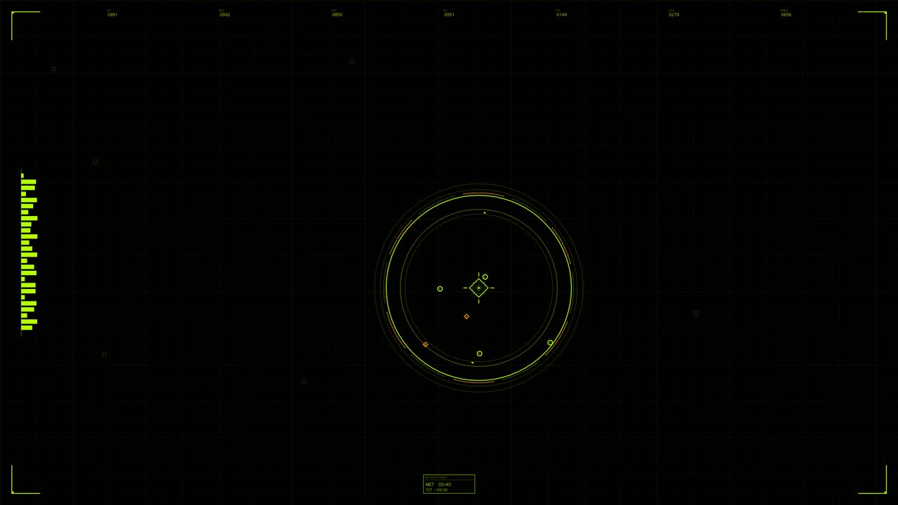 Display shows a targeting system with a round radar graphic and tracking indicators. It serves as a heads up display for military operations in a sci fi context