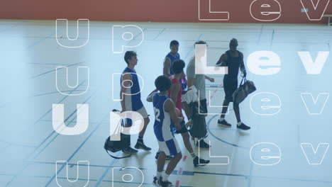 animación de textos de nivel superior sobre un grupo diverso de jugadores de baloncesto masculinos en el gimnasio