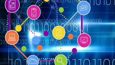 Animation-of-network-of-connections-with-digital-icons-over-binary-coding-in-background