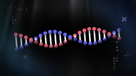 Animation-of-dna-strand-spinning-with-markers-on-black-background