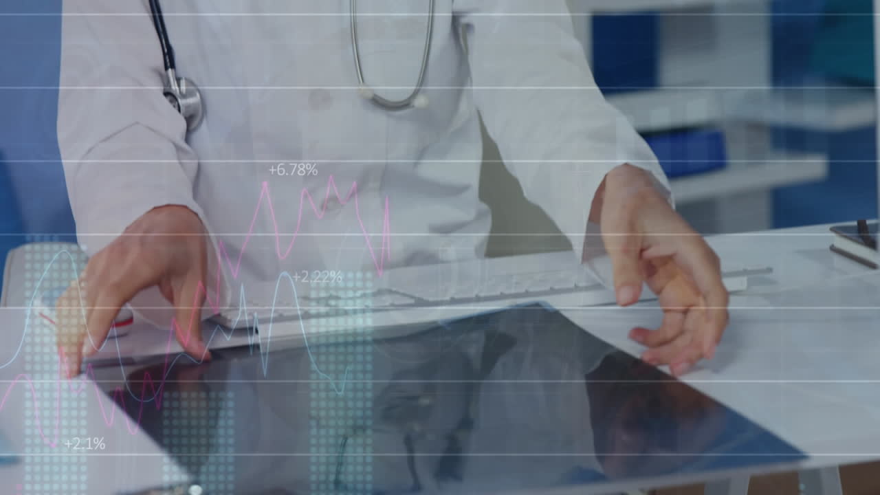 animación del procesamiento de datos estadísticos sobre la mujer caucásica examinando el informe de rayos x