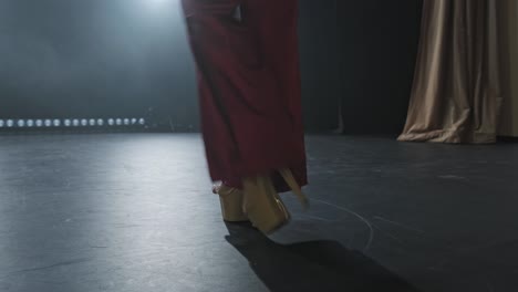 young female heels dancer entering stage. close up of woman legs. smoky stage