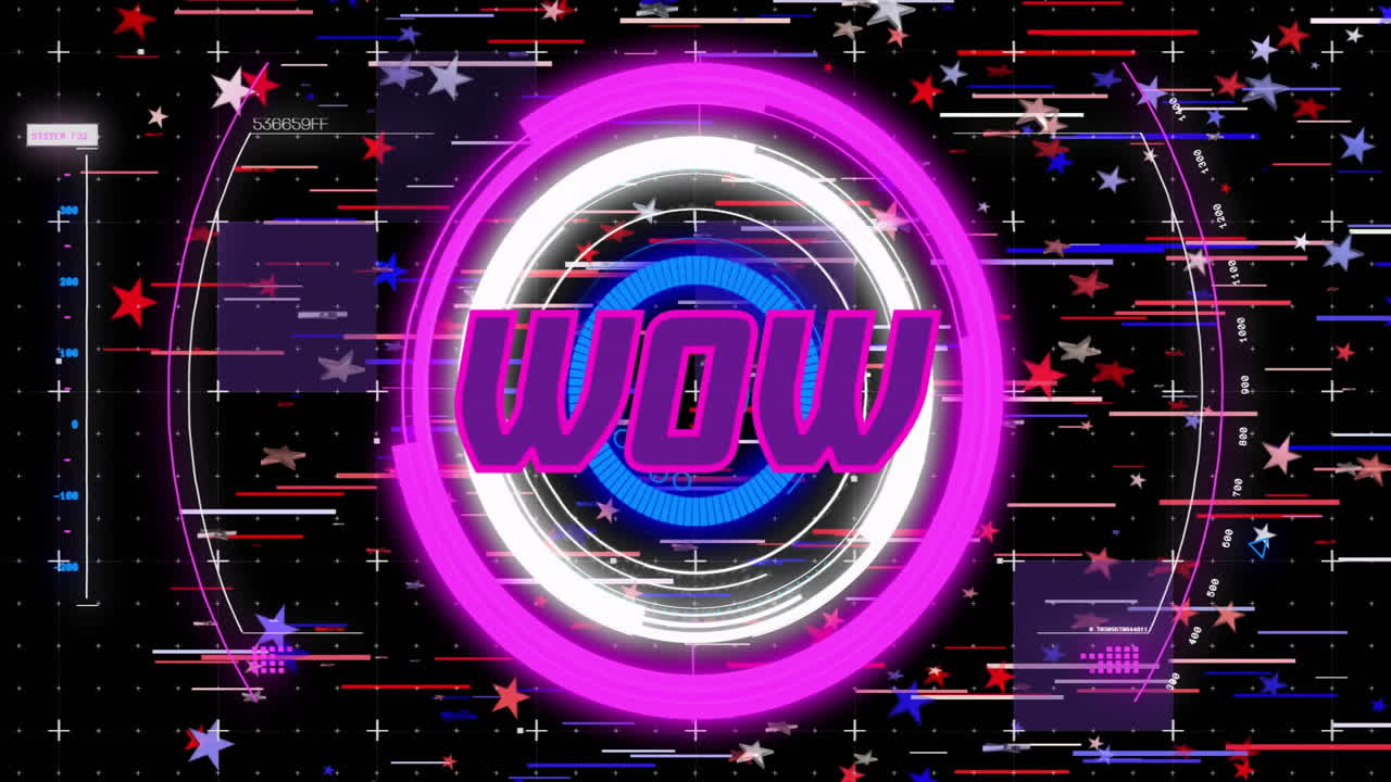 animación del texto wow sobre el fondo de patrón de neón