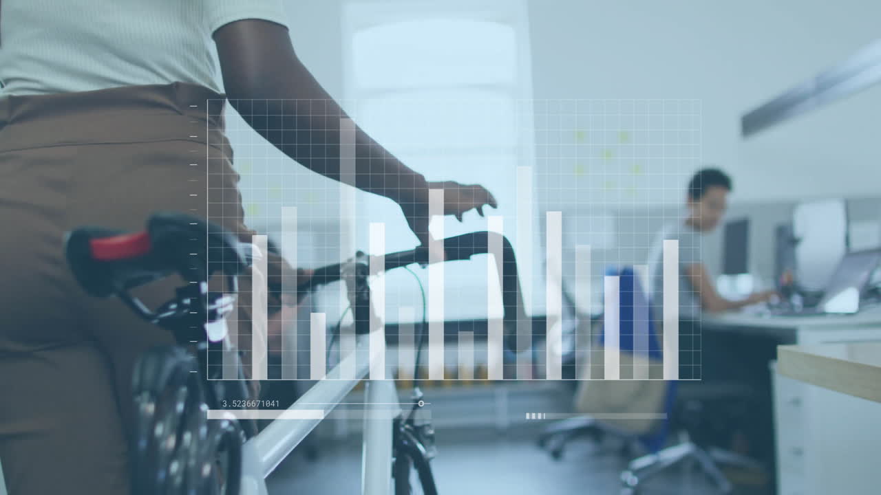 Animation of financial data processing over diverse business people in office
