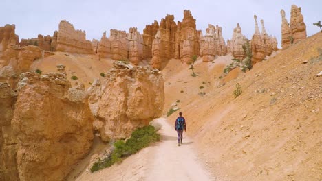 Mujer-Joven-Haciendo-Senderismo-En-El-Parque-Nacional-De-Bryce-Canyon,-Ee.uu.