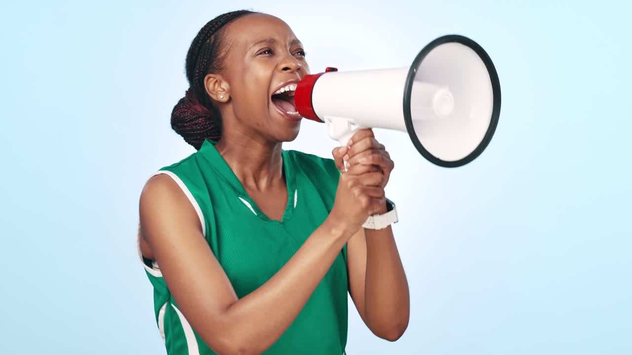 Black woman, megaphone and shouting for sports