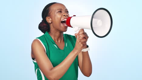 Black-woman,-megaphone-and-shouting-for-sports