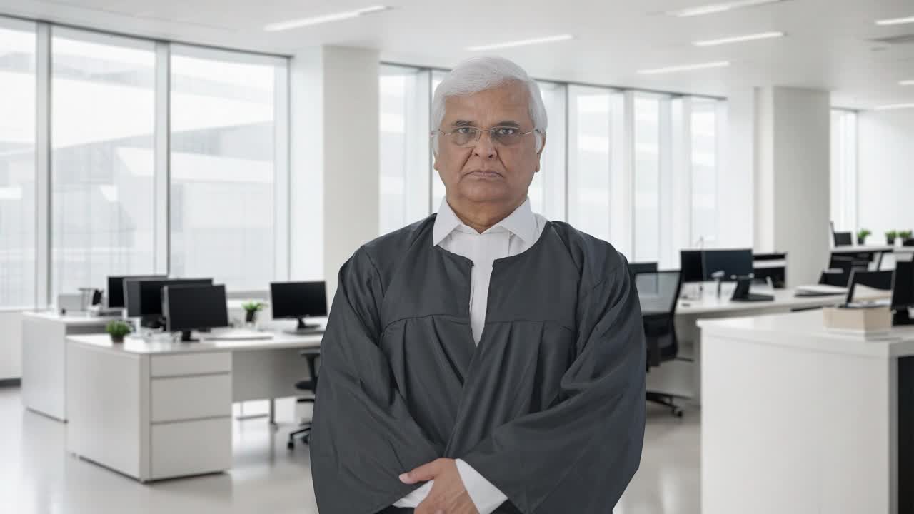 Serious Indian senior lawyer staring to the camera