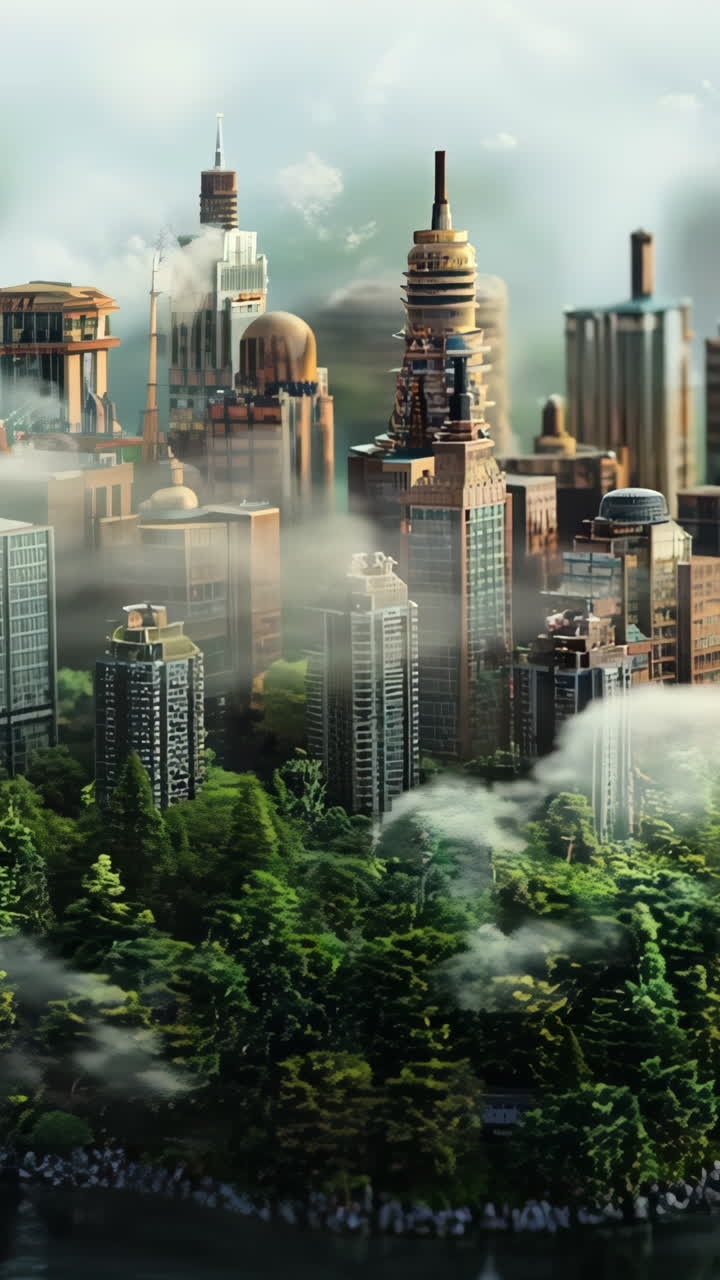 A city is built on a small island with a river running through it. The buildings are tall and brown, and the island is surrounded by water. The city appears to be a model or a drawing