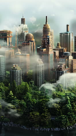 a city is built on a small island with a river running through it. the buildings are tall and brown, and the island is surrounded by water. the city appears to be a model or a drawing