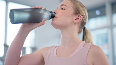 woman, home and drink of water for fitness