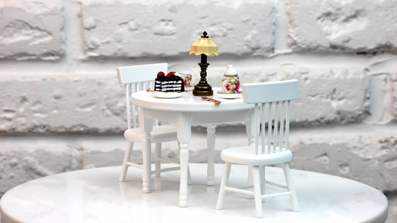 Beautiful table with tiny lamp, cake and crockery. Cute pieces of toy furniture rotating at the white backdrop.