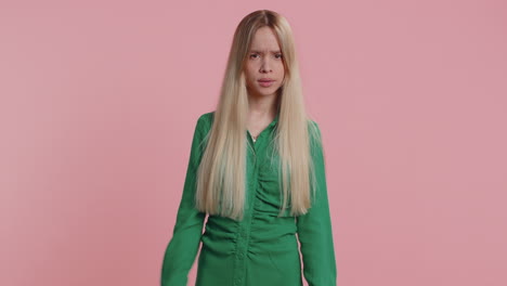 tired serious upset caucasian woman showing pause gesture stop sign time out relax break deadline