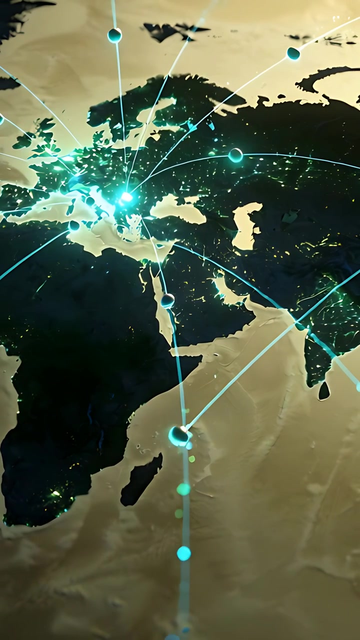 Vertical video: Pulsing European hub sending turquoise arcs and nodes along 3D map, showing network