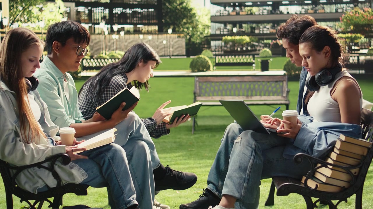 Group of students reading notes for project with classmates on campus