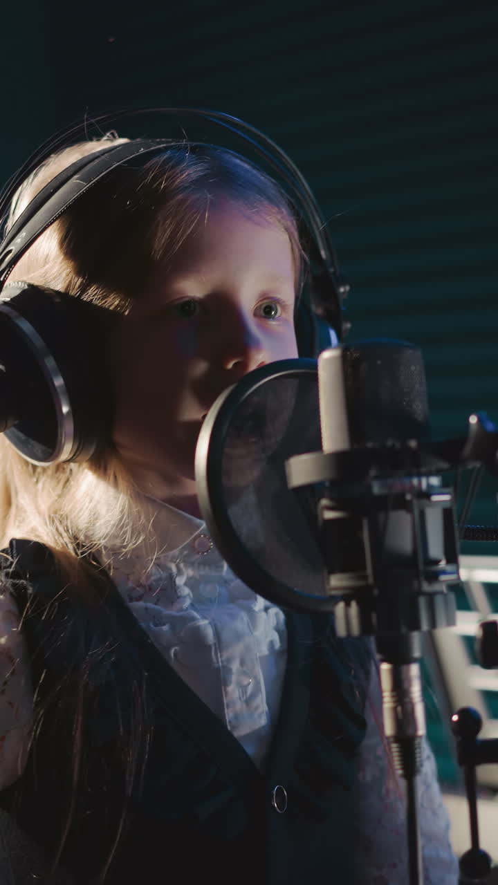 Young girl rehearses singing closeup. Gifted blonde child wearing headphones demonstrates vocal abilities in recording studio. Talented kid performs song