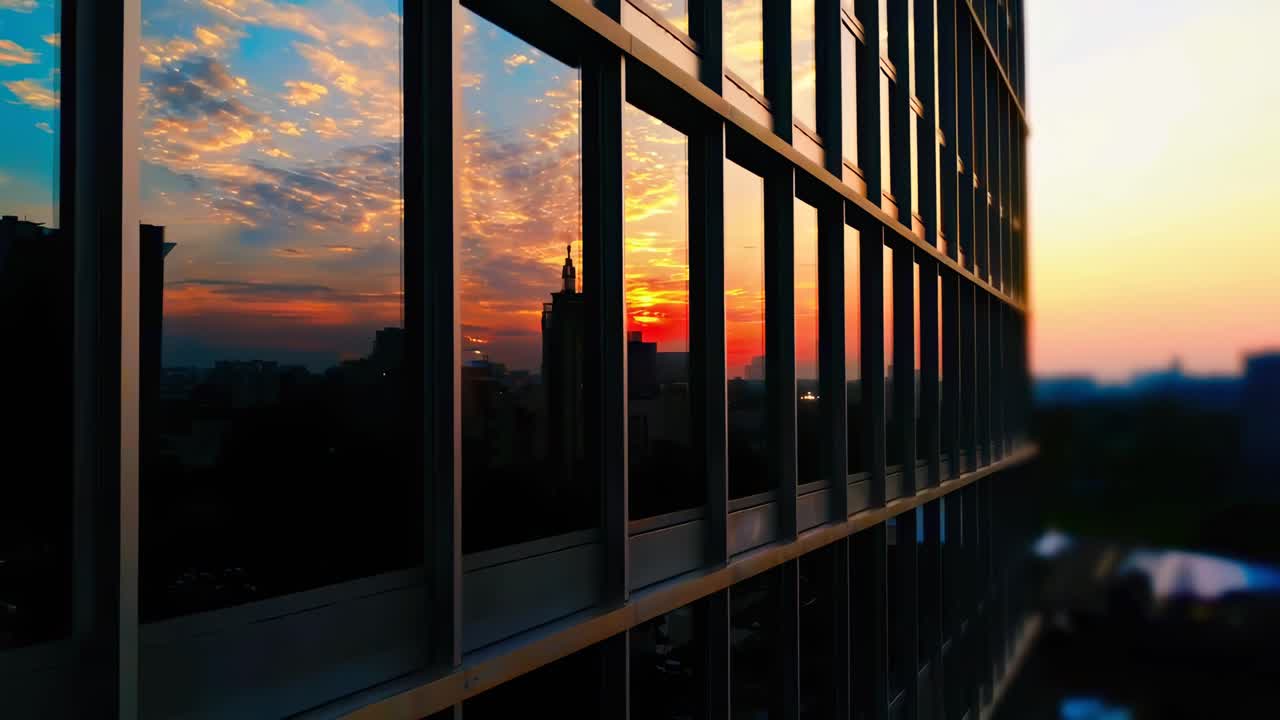 Paisagem urbana ao pôr do sol refletida em janelas de vidro, capturada de um ângulo lateral, ideal para fundos de vídeo