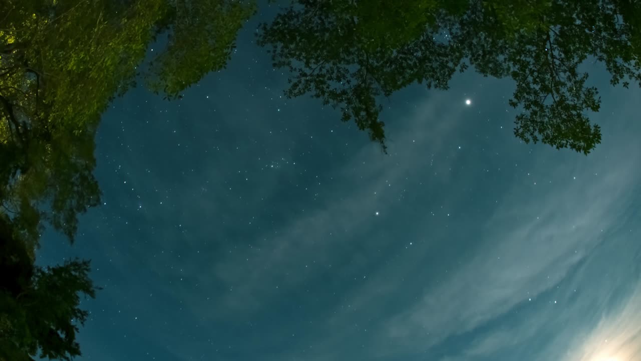 Serene night scene with stars twinkling in clear sky, perfectly mirrored on a still forest lake. The tranquil setting evokes peace, with dark silhouettes of trees under soft moonlight