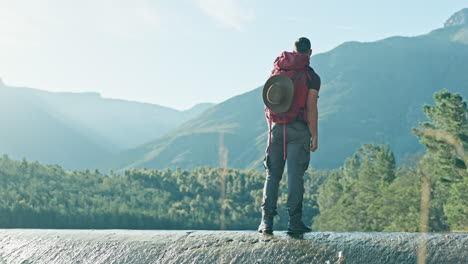 success, hiker or man in celebration on mountain