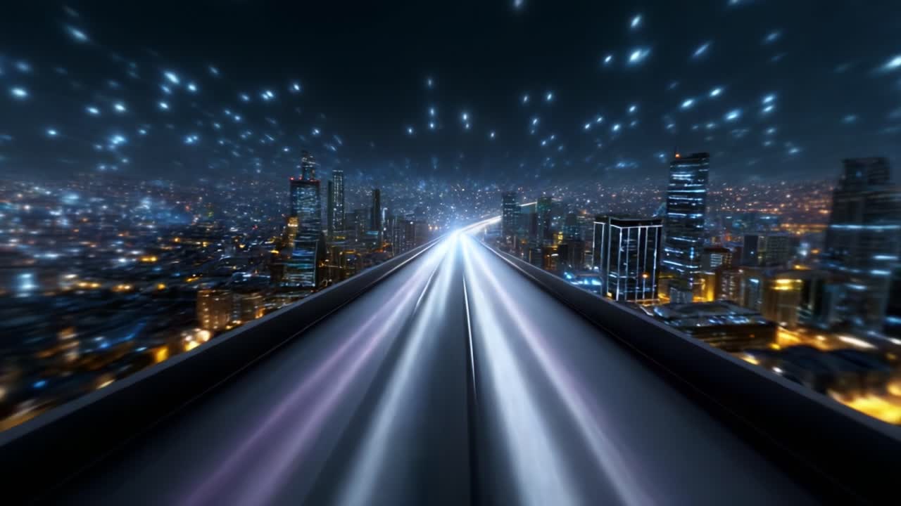 Paesaggio urbano illuminato di notte: una vista dinamica della velocità e del movimento urbani da una prospettiva autostradale con luci scintillanti e un senso di movimento