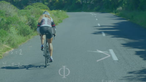 mathematical equations and symbols against woman cycling on the road