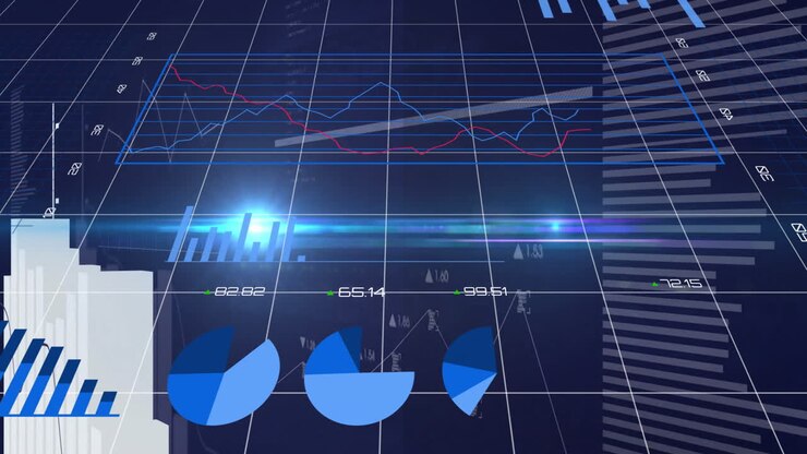 Displaying financial graphs and pie charts, person analyzing data on computer screen