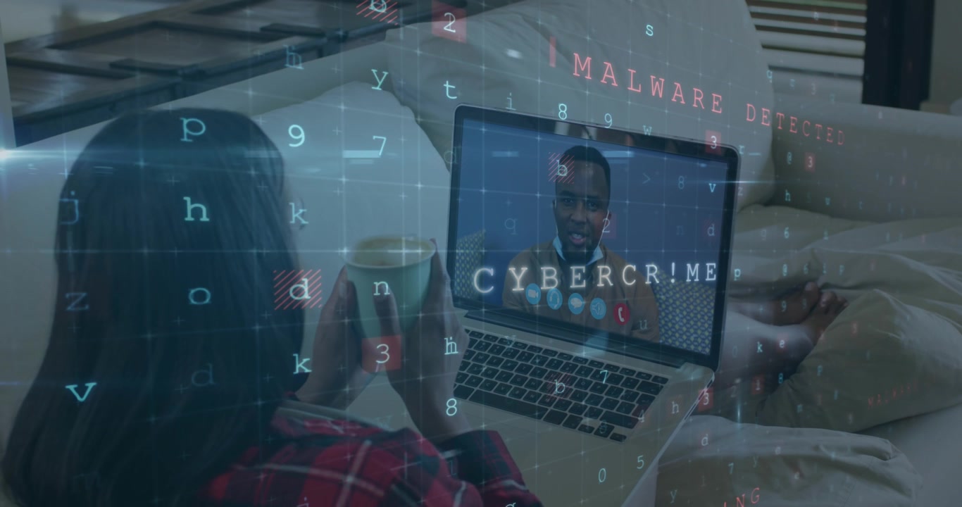 Woman Having Video Call on Laptop with Cybersecurity Overlay