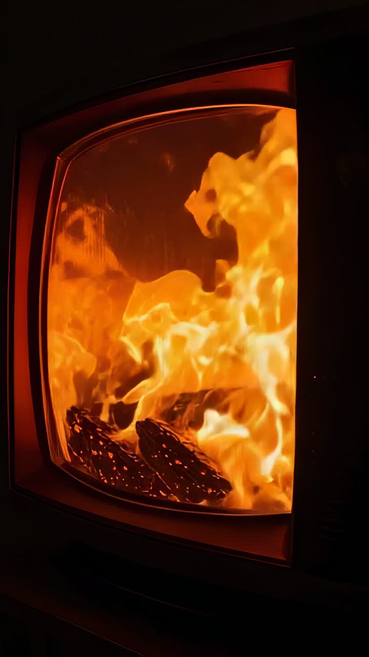 Video verticale: braci e legna che alimentano le fiamme all'interno del vetro di una stufa, illuminando una stanza buia.