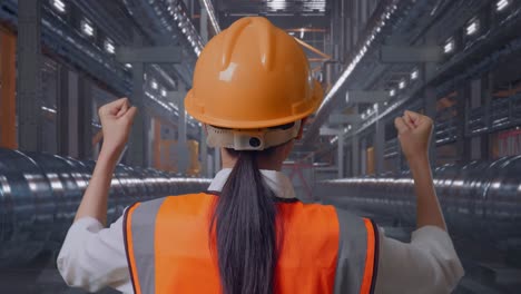 close up back view of a female engineer with safety helmet raising her hands celebrating while working with metal pipes