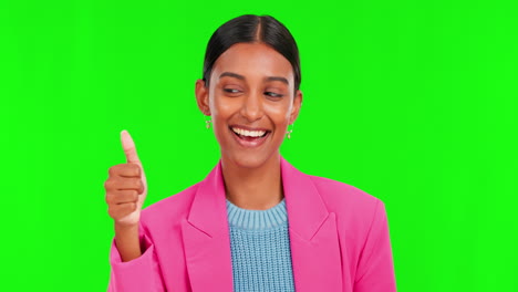 Thumbs-up,-happy-and-face-of-woman-on-green-screen