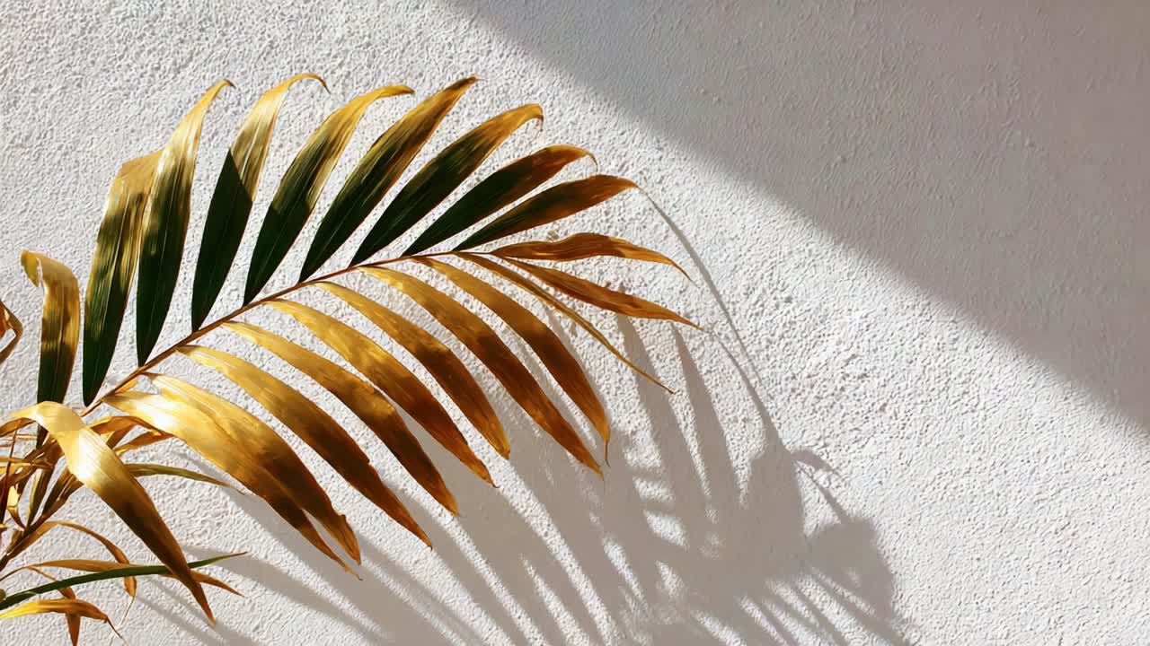 Gyllent palmeblad som kaster spennende skygger mot en hvit vegg med tekstur, og fremhever naturens skjønnhet i en kunstnerisk komposisjon
