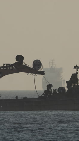 barcelona industrial tug boat at sea in shadow in vertical