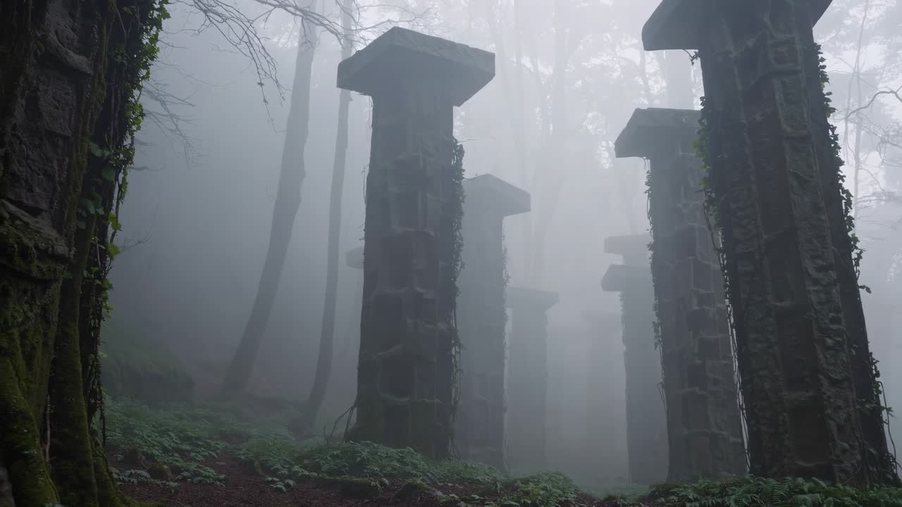 Mysterious Stone Pillars in a Foggy Forest