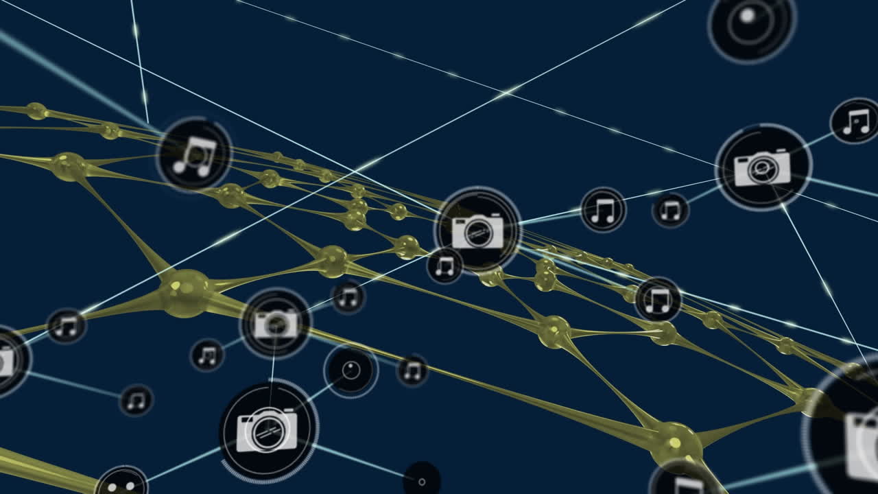 Animation of network of connections with icons and shapes on blue background