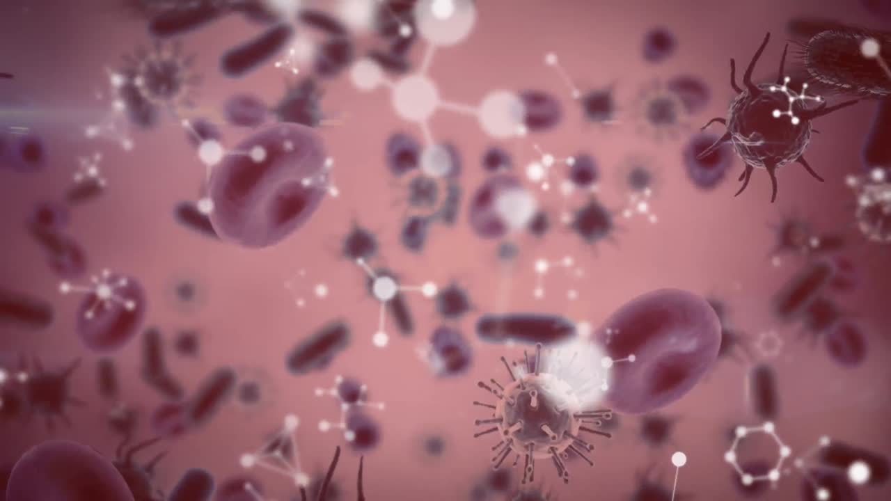 animación de células en movimiento sobre fondo rojo