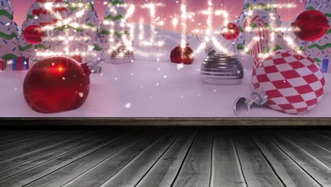 Animation-of-asian-christmas-greetings,-winter-landscape,-christmas-decorations-and-wooden-board