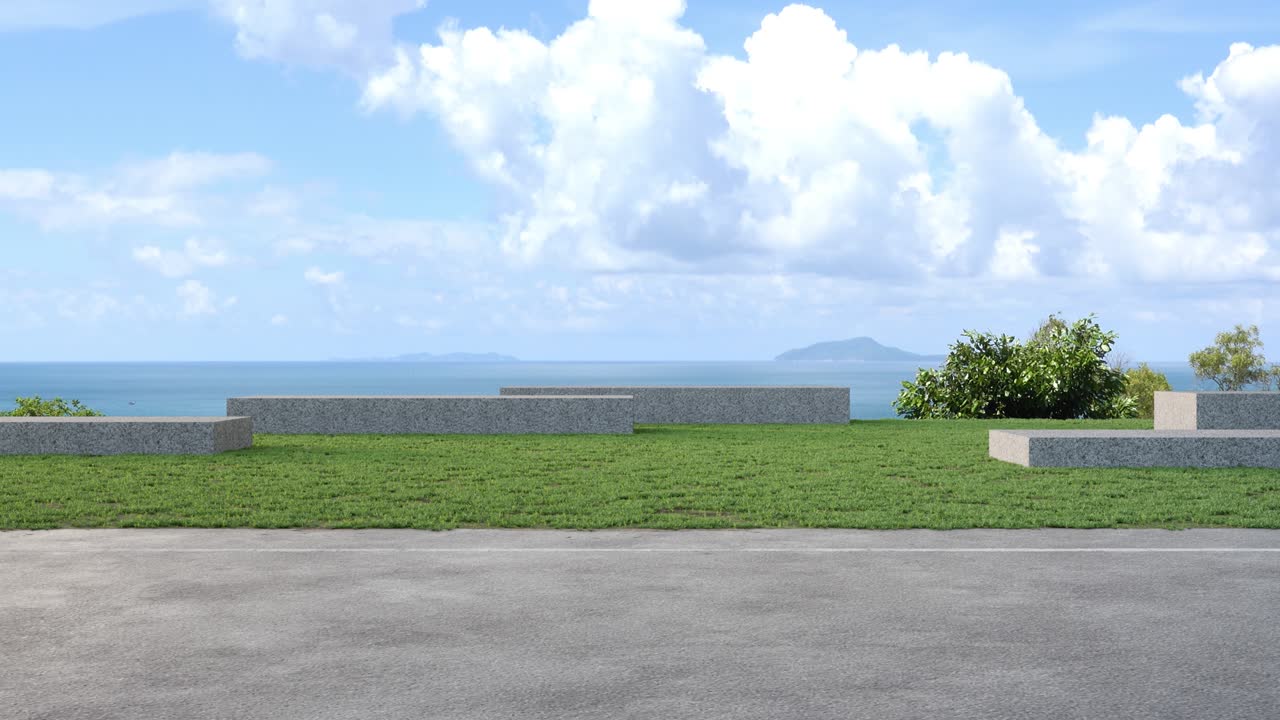 현대 도시 공원의 녹색 잔디 정원에서 회색 콘크리트 벤치.