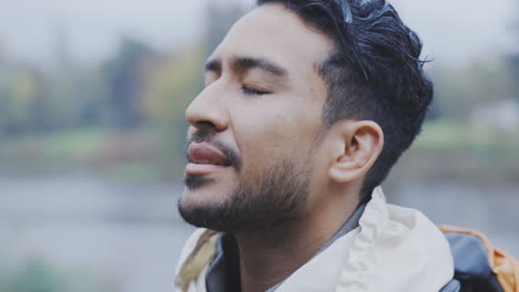 hiking, face and a man breathing fresh air outdoor