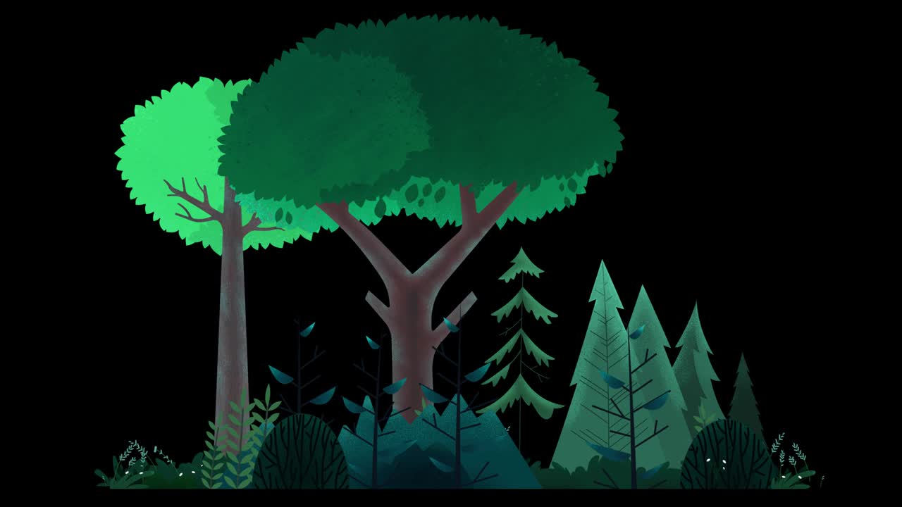 나무, 관목 및 풀의 그룹, 바람에 흔들리는, 가운 녹색 자연.