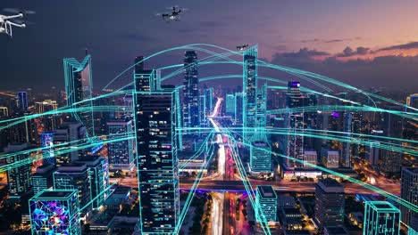 smart city at night with drones and network connectivity