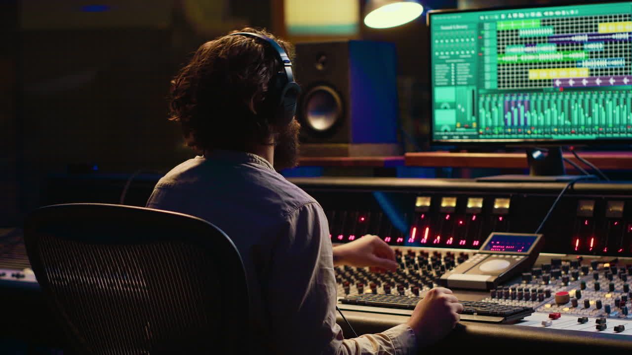 Sound designer working on track recording with audio professional software